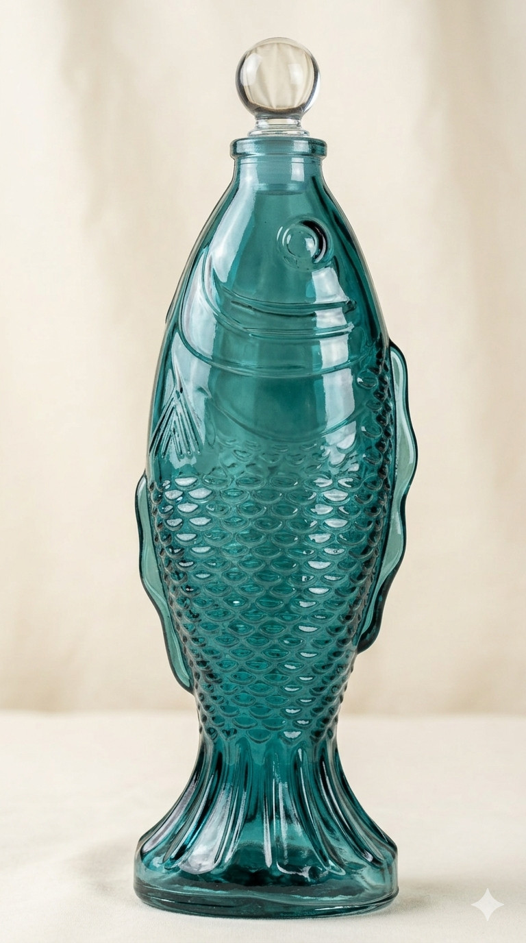 Retro 1960s Italian Art Glass Fish Bottle with Ball Stopper - Peacock Blue Empol