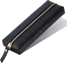 Genuine Leather Pen Case, Cowhide Pencil Pouch with Zipper, Soft Black Pen Bag