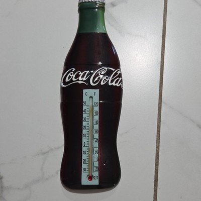 Coca-Cola Bottle Shaped Thermometer Sign Dark Brown Green Silver White