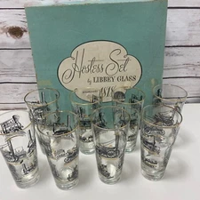 8 Locomotive Train Steam Engine Drinking Glasses Gold Rim MCM Libby Hostess Set