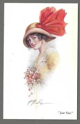 Vintage Postkarte ''Just Out'' glamouröse Dame mit großem Hut von Frank Aveline. unbespielt