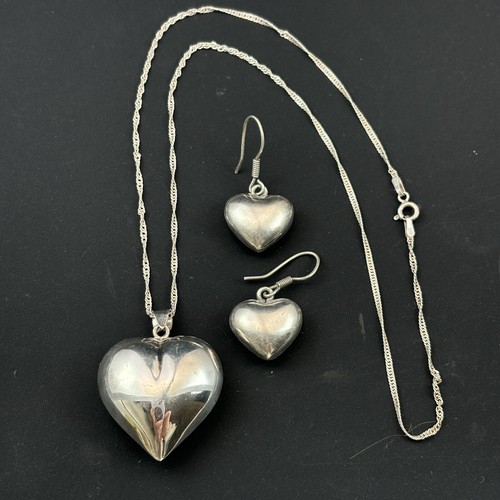 VTG Heart Puffy Sterling Silver 925 Pendant 18'' Chain Necklace Earring Set