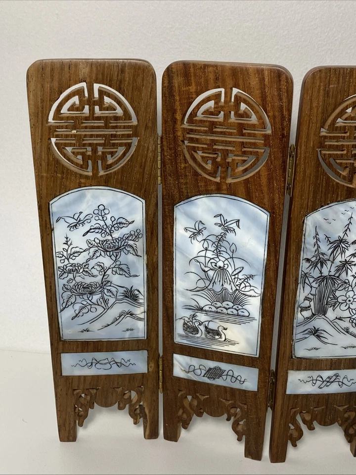 Antigo 4 painéis asiáticos mini tela dobrável pintada à mão painéis esfregão madeira decoração para casa - Imagem 2 de 4