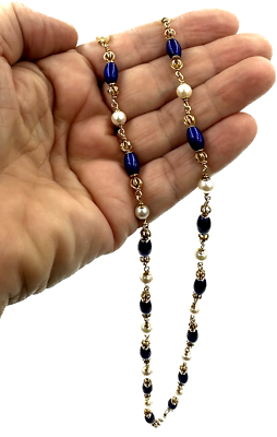 Collier Vintage Années 60 En Or 18K Avec Perles Et émail Bleu - Longueur 70 Cm