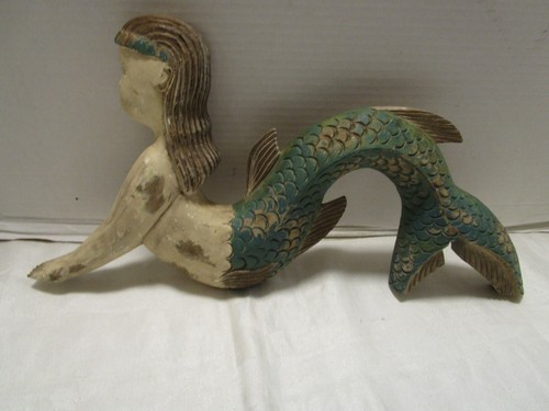 VINTAGE PARETE LEGNO INTAGLIATO SIRENA VERNICE INVECCHIATA invecchiato Filippine 17” W anni '90 - Foto 5 di 10