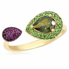 1.0CT AAA GREEN TOURMALINE GREEN GARNET & PINK SAPPHIRE 14K YELLOW GOLD FUN RING