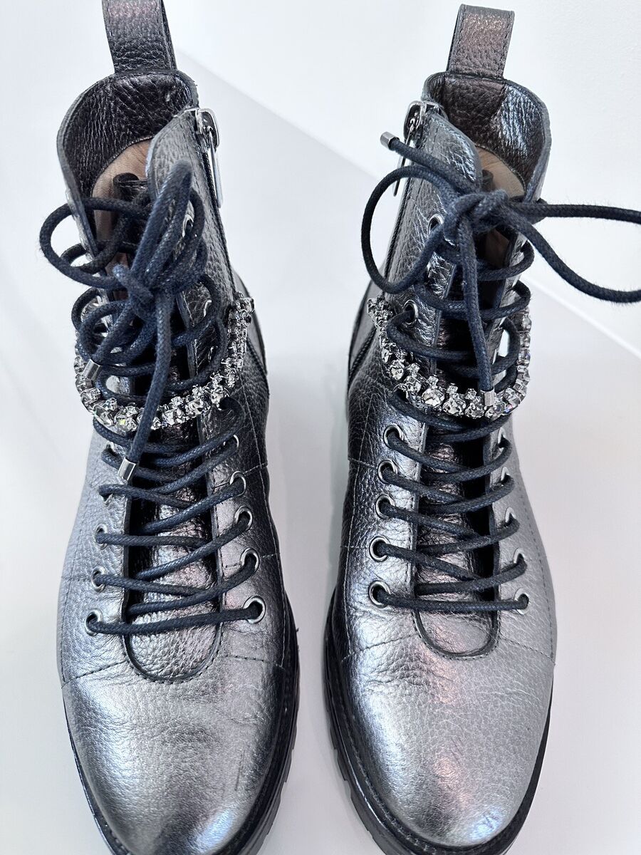 NEW JIMMY CHOO Cruz Combat Boot Metallic Pebble Gunmetal NEW JIMMY CHOO Cruz Combat Boot Metallic Pebble Gunmetal