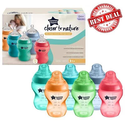 6x Tommee Tippee Fiesta Closer to Nature Baby Bottles Slow Flow 260ml Anti-Colic