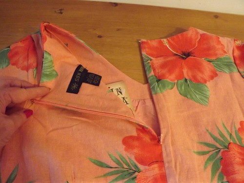 NEW SUN MODA LINEN DRESS PEACH CORAL TROPICAL FLOWERS SZ LARGE NWT - Picture 10 of 12