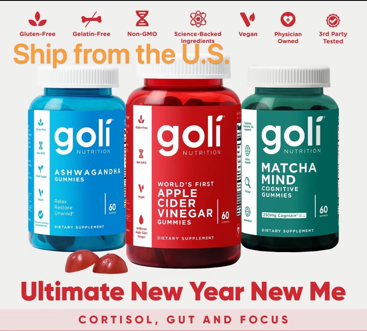 3 Bottles of Goli Bundle: Ashwagandha KSM-66, Apple Cider Vinega, Matcha Mind