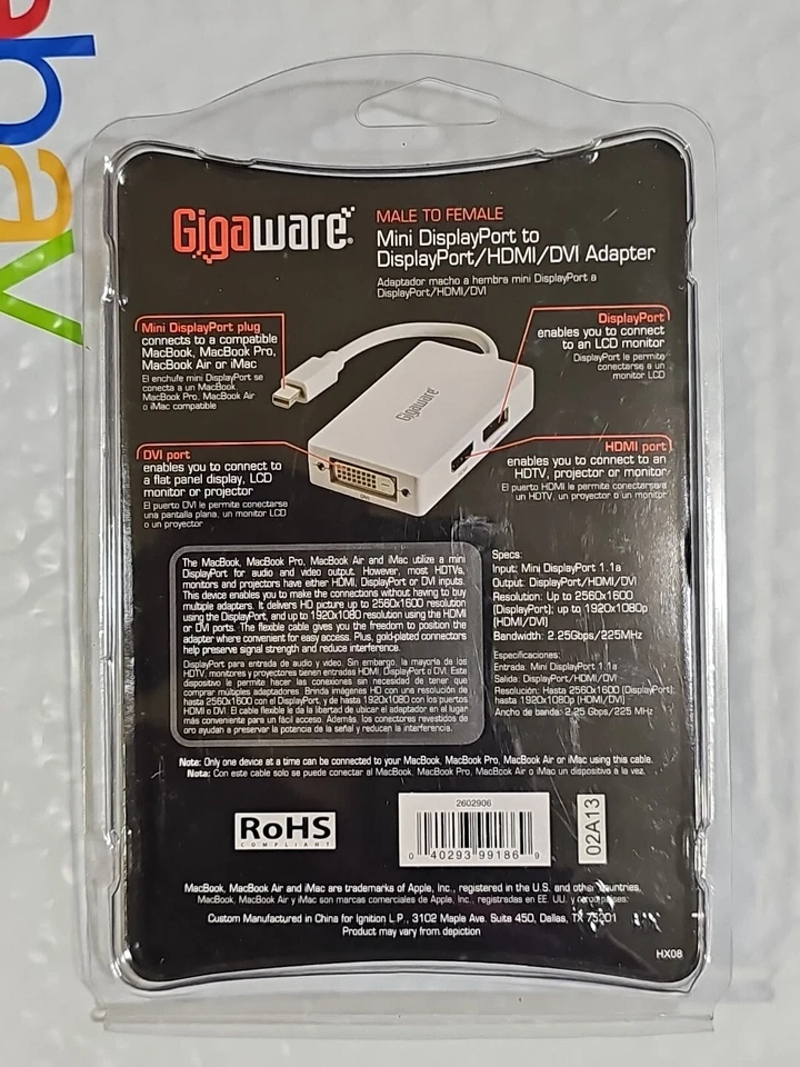 Gigaware Male to Female Mini DisplayPort To DisplayPort HDMI DVI Adapter - Image 2 of 4