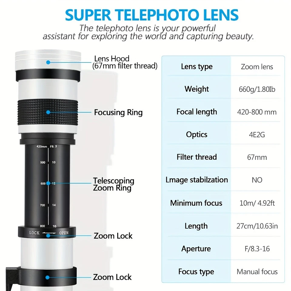 Professional 420-800mm F/8.3-16 Telephoto Lens for Canon Nikon DSLR Cameras - Image 2 of 4