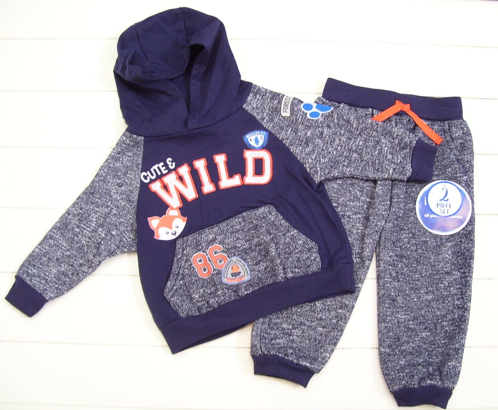 Boys Nannette Kids Blue 2 Pc Fox Cute & Wild Hooded Shirt & Pants Outfit Sz 24M