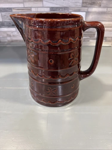 Marcrest Brown Drip Stoneware Pitcher  8" Daisy & Dot Oven Proof Vintage