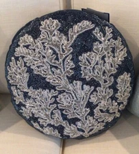 COASTAL COLLECTION beaded decorative round pillow 15” Blue, white, silver NWT