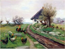 Village Chickens Rooster H. Brendekilde Tile Mural Kitchen Backsplash Ceramic