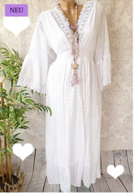 36 38 40   Spitzen Maxikleid Kleid unterlegt Häkel Spitze Hippie Ibiza WEISS