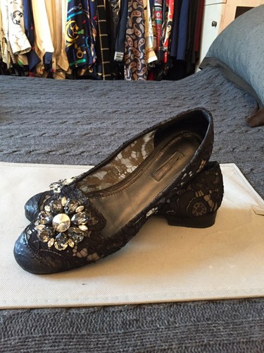 DOLCE \u0026 GABBANA LUSSO BALLERINE FLAT PIZZO JEWEL BLACK ORIGINAL 39 EUR 6 UK  9 US | eBay