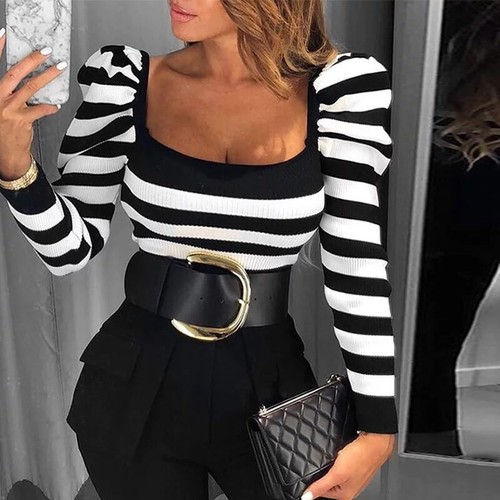 Jersey top manga larga moda mujer camiseta rayas Blanca y negra instagram | eBay