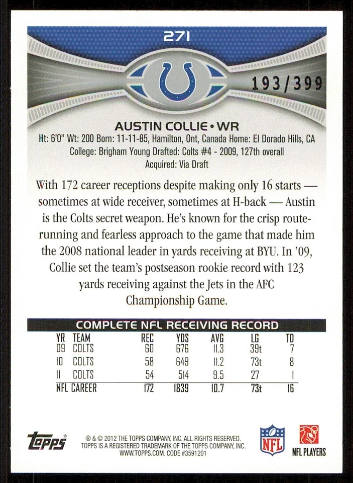 2012 Topps Camo #271 Austin Collie /399 - Image 2 of 2