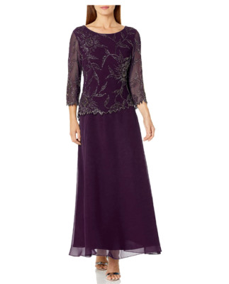 J Kara Women's Petite Long Scoop Neck Asymetrical Beaded Dress, Plum/Shaded/Merc