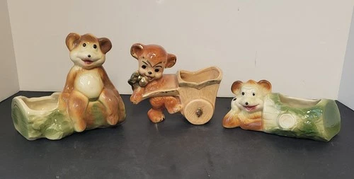 Vtg Bear Themed Planters American Bisque Shawnee Pottery Royal Copley-Lot of 3