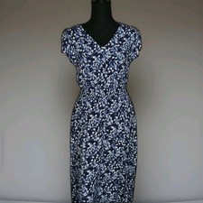 Vtg 90s Blue Ditsy Floral Maxi Dress M Cottagecore Prairie Boho Smocked Bodice
