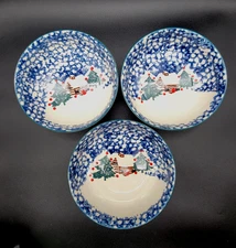 Folk Craft Cabin in the Snow Tienshan 6.5" Cereal Soup Bowls Set of 3 EUC