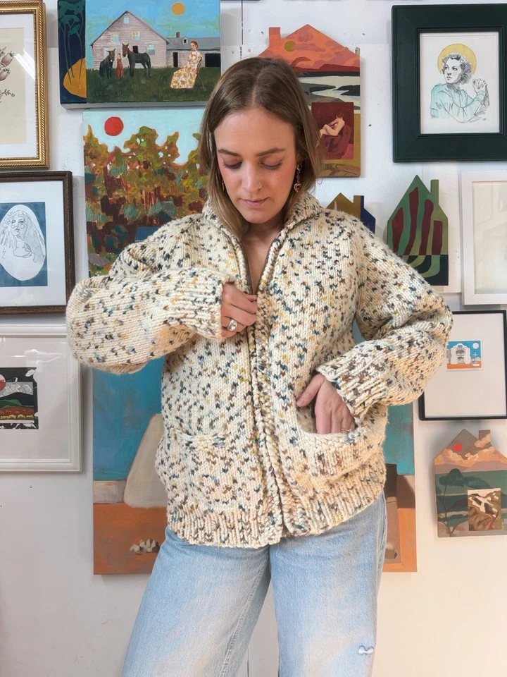 Cárdigan Suéter Cowichan Tejido Confeti Años 50 60 De Colección Cremallera Foto 2 de 4