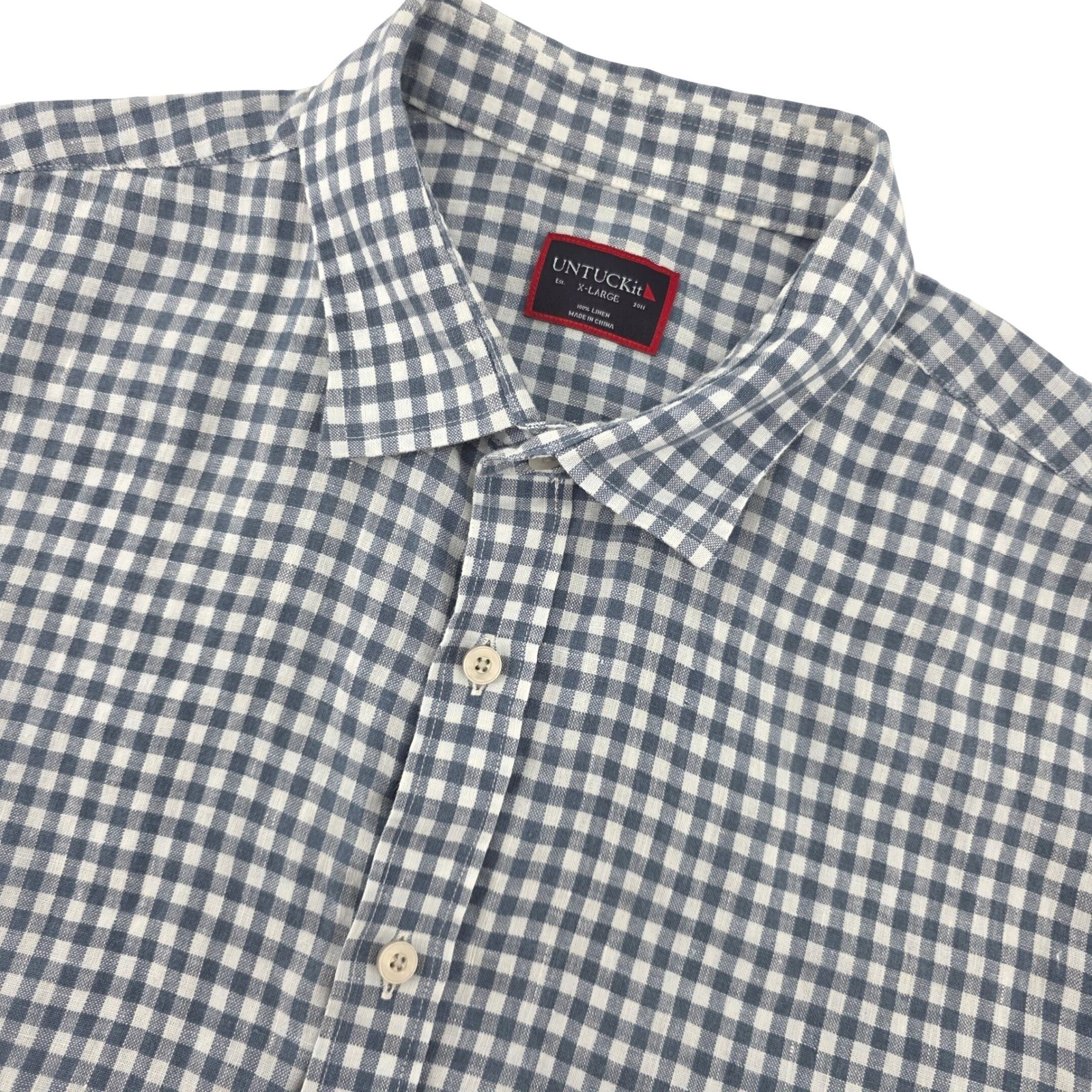 UNTUCKit Mens XLarge Blue White Gingham Check Short Sleeve Linen Button Up Shirt