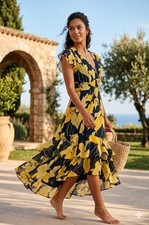 Tommy Hilfiger Floral High Low Maxi Dress NWT Navy Yellow V-Neck Ruffle Size 8
