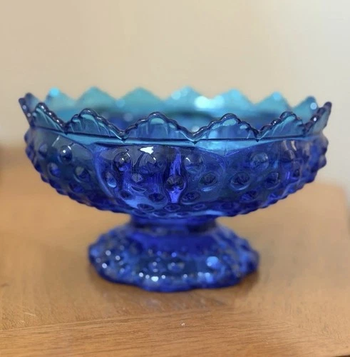 Vintage 1960s Fenton Colonial Blue Hobnail Glass 6 Candle Pedestal Bowl