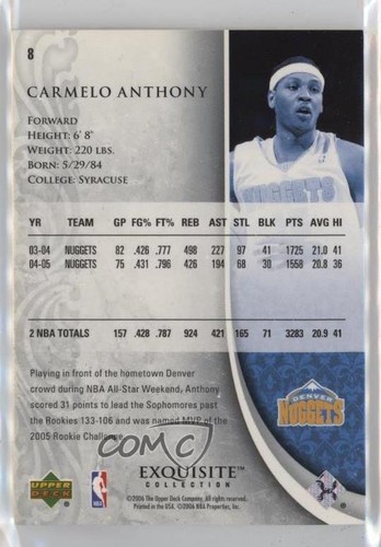 2005-06 Upper Deck Exquisite Collection 93/225 Carmelo Anthony #8 - 第 2/3 張圖片