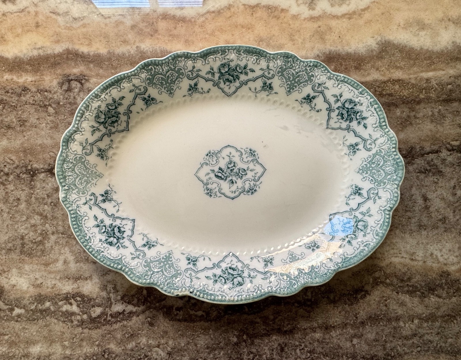 Antique Grindley & Co Flow Green & White Marcella Floral/Fleur De Lis Platter