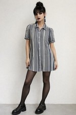 F21 Y2K Style Black White Striped Mini Shirtdress Preppy Grunge Sz S Rayon