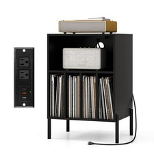 Record Player Stand w/ Charging Station 5 Storage Compartments Anti-toppling