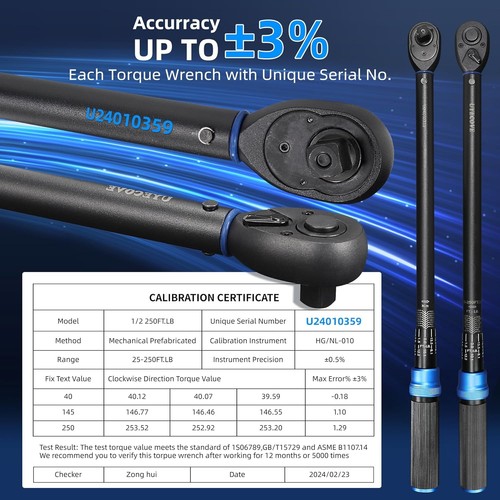 Professional 1/2-Inch Drive Click Torque Wrench 25-250FT.LB/339N.M, Blue Finish - Picture 6 of 9