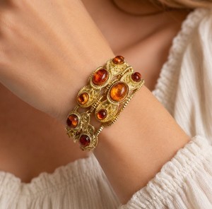 Authentic Gold Plated Amber Lucite Bracelet Swirled Cabochon Vtg MCM Statement See Descrip
