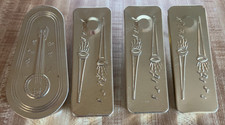 4 VTG Tin Litho Ratchet Noisemakers, Gold Tone, Embossed Party Horns, Banjo