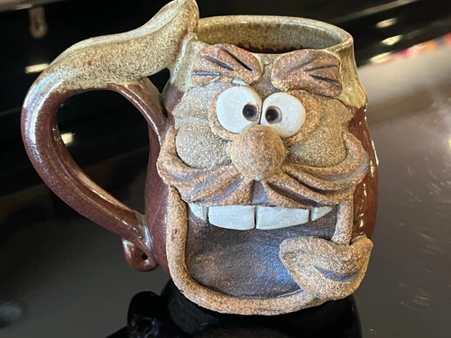 Robert Eakin Ugly face/funny face pottery mug Big Mustache & Eyebrows 