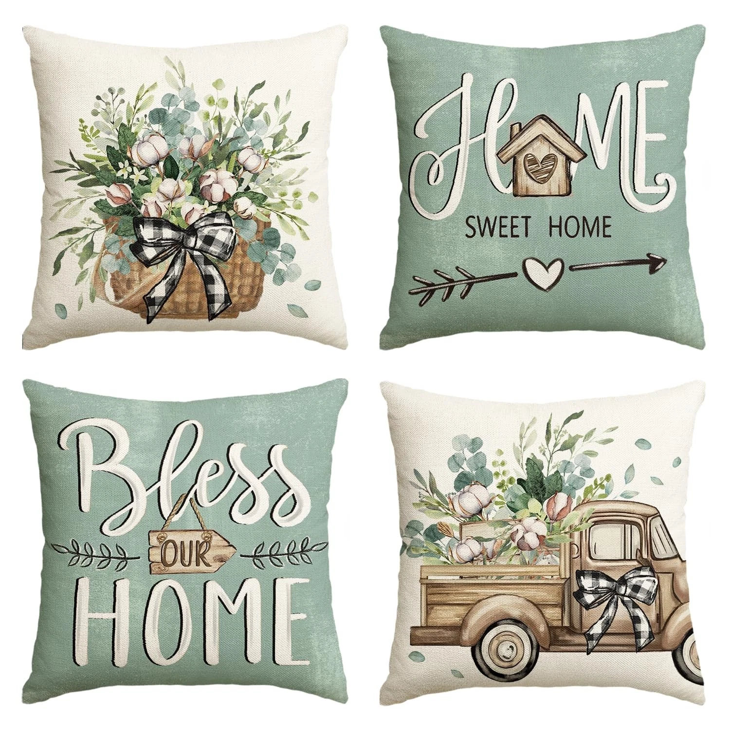 Farmhouse Eucalyptus Leaves Throw Pillow Covers, 18x18 Inch, Set of 4 - Home Dec