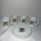 4 Vintage Fire King Game Bird Pheasant White Milk Glass Bread Plates & Mugs
