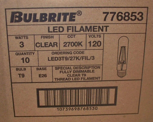 10 PACK Bulbrite 776853 3 Watt T9 Filament LED Light Bulb, 2700k E26 Base - Picture 2 of 5