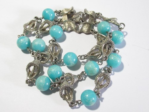 BRACCIALE CATENA TRIPLO FILO CON SFERE BLU E TONO ARGENTO VINTAGE