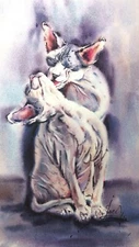 Original Watercolor Sphynx Cats Painting - Pet Love Wall Art, 14.5x8.5 in