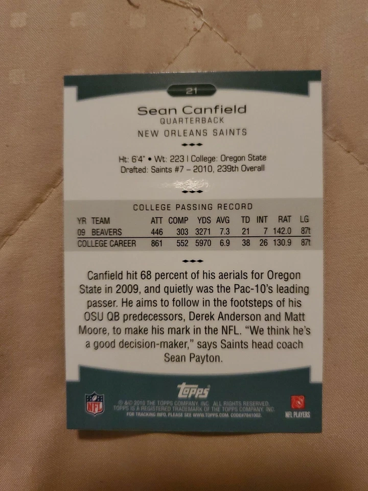 2010 Topps Platinum Sean Canfield New Orleans Saints Card - Image 2 of 2