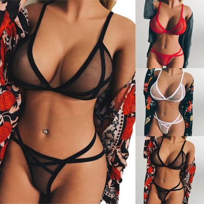 Frau Dessous Set Sexy Spitzen-Push-Up-BH durchsichtig G-String Tanga Unterwäsche