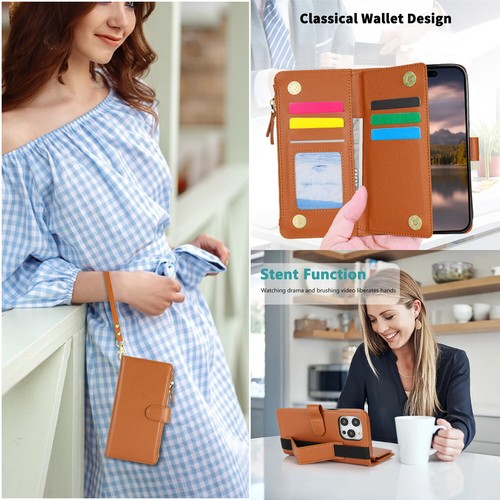 For iPhone 16 15 14 13 12 Pro Max Plus Leather Zip Wallet Case Flip Cover Strap - Picture 64 of 97