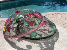 2 Vintage Domed Embroidered Mesh Raffia Flamingo Palm Trees Round Food Cover