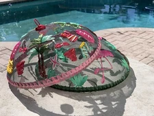 2 Vintage Domed Embroidered Mesh Raffia Flamingo Palm Trees Round Food Cover